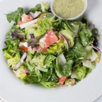 Tcu Greek Salad · Mixed greens, cucumber, tomatoes, olives, feta cheese, herbed red wine vinaigrette and thinl...