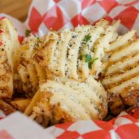Waffle Fries (Cacio E Pepe) · Lots of cheese and fresh cracked pepper.