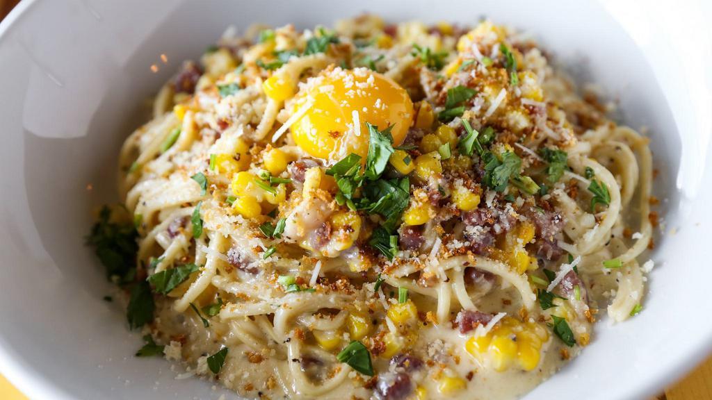 *Roasted Corn Carbonara · Spaghetti, bacon, roasted corn, pecorino, garlic breadcrumbs, and egg. *Consuming raw or undercooked meats, poultry, seafood, shellfish, or eggs may increase your risk of foodborne illness. Please advise your server of any food allergies.