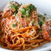 Spaghetti & Meatballs · Marinara, meatballs, and parm.