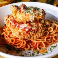 Chicken Parm Spaghetti · Crispy fried chicken, mozzarella, marinara