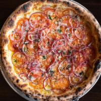 Uncle Joe · Shaved red onion, thin-sliced tomato, garlic, and olive oil.