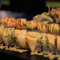 Ca11. Dancing Filet Roll · Shrimp tempura, crawfish salad, avocado, asparagus topped with seared filet mignon with spec...