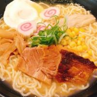 Miso Ramen · Ramen noodles in soybean base soup, pork belly, egg, fishcake, seaweed and scallion.