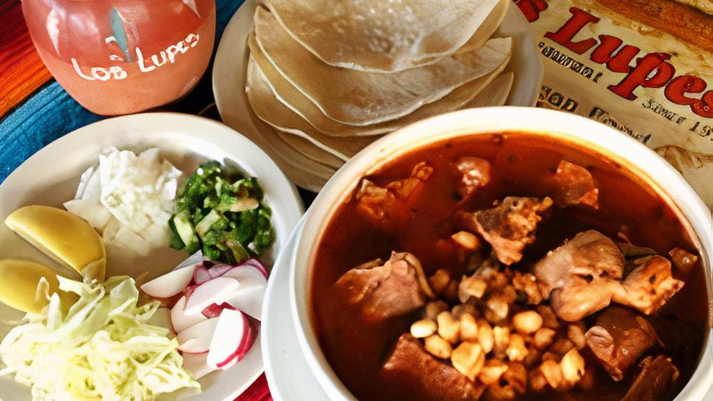 Pozole · Dating to the Mayan era, we slowly cooked it using only the most authentic ingredients, pork, and hominy. Served with sides of cabbage, radish, and lime.