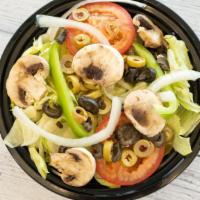 Fresh Salad · Iceberg lettuce, romaine lettuce, mushrooms, onions, green peppers green and black olives, m...