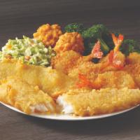 2 Pieces Fish & 6 Pieces Butterfly Shrimp · Two hand-battered fish fillets and six butterfly shrimp. Served with hush puppies and your c...
