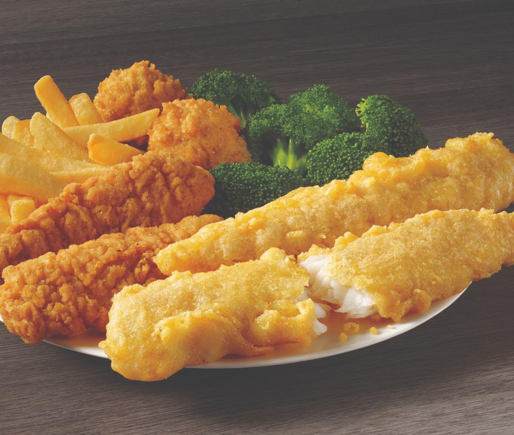 2 Piece Fish & 2 Piece Chicken Meal · Two pieces of batter dipped fish and two chicken tenders, served with your choice of two sides and hush puppies.