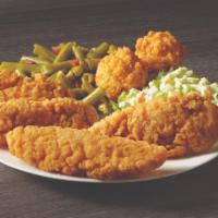 4 Piece Chicken · Four crispy breaded chicken tenders with your choice of two sides and hush puppies. Perfect ...