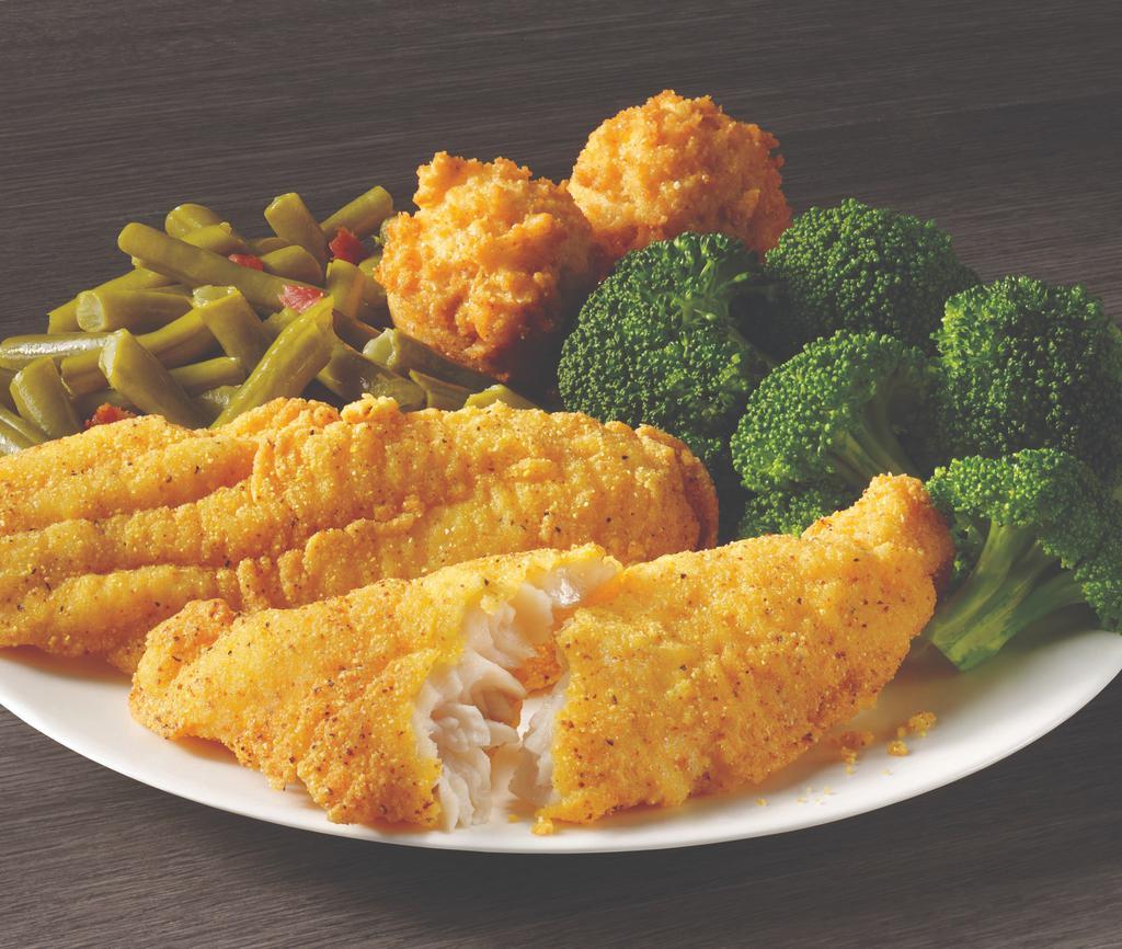 2 Piece Catfish Meal · Two hand-breaded catfish fillets served with your choice of two sides and hush puppies.