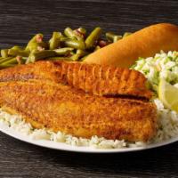 Grilled Tilapia Meal · Kick up the flavor with seasoned tilapia over a bed of rice. Served with a breadstick and yo...