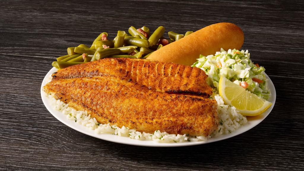 Grilled Tilapia Meal · Kick up the flavor with seasoned tilapia served on a bed of rice with your choice of two sides and a breadstick.