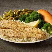 Grilled White Fish Meal · A fillet of our tender and flaky white fish, seasoned, served on a bed of rice with your cho...