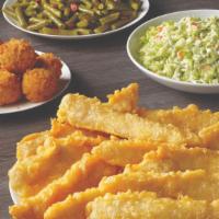 10 Piece Fish Family Meal · Ten of our famous batter dipped fish fillets with eight hush puppies and your choice of two ...