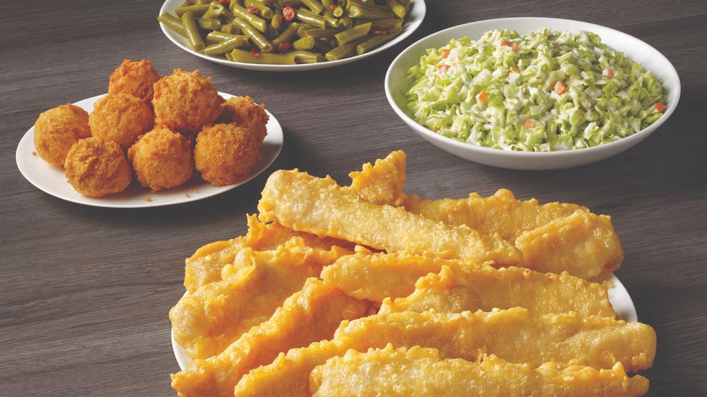 10 Piece Fish Family Meal · Ten of our famous batter dipped fish fillets with eight hush puppies and your choice of two family-style sides.
