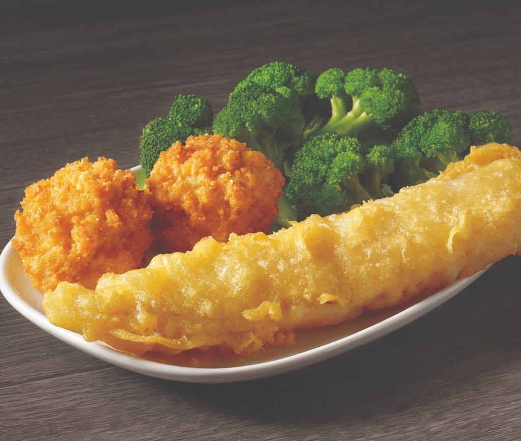 Kid'S Batter Dipped Fish Meal · One piece of our famous batter dipped fish served with a choice of two sides, drink, and 3D fun pack.