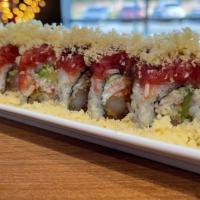 Gio Fire Roll · Spicy,Cooked. 

Shrimp tempura, avocado, crabmeat topped with spicy tuna, crunch flakes, spi...