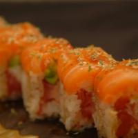 Samurai Roll · Raw. 

Tuna, crabmeat, avocado, wrapped in soy paper, topped with salmon, scallions and eel ...
