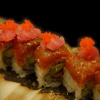 Geisha Roll · Spicy,Raw.  
Baked Eel, Avocado, topped with Spicy Tuna, 
Chop Tuna, Masago, Scallions, Eel ...