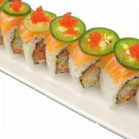 Holy Moly Roll (Spicy!) · Tempura Shrimp, Avocado, Spicy Tuna topped with Salmon, Jalapeno, Spicy Mayo, Eel Sauce, and...