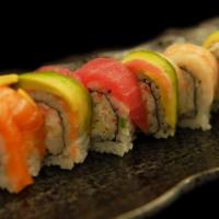 Rainbow Roll · California Roll topped with Salmon, Tuna, 
Red Snapper, Boiled Shrimp and White Fish