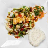Sea Scallops · Sea scallops, mixed vegetable with chili sauce. Choices (choose one): Add medium spice / Add...