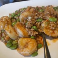 辣 Shrimp With Soy Beans / 毛豆虾仁 · Stir-fried shrimp with garlic, scallions, minced pork, and soy beans in spicy bean sauce.