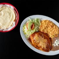 Chile Relleno · Stuff with cheese, served with salad, rice, beans and tortillas on the side