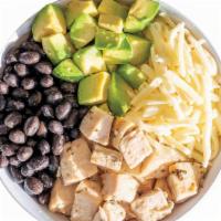 Los Niños Bowl · Brown rice, chicken, colby, avocado, black beans, lime squeeze and olive oil.