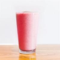 Strawberry Sunrise · Vegan. Banana, strawberries, mango, plain vegan pea protein (240 cal).