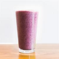 Purple Rain · Vegan. Banana, blueberries, strawberries, apple, plain vegan pea protein (310 cal).