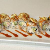 Big Texas Roll (Cooked) · In - snow crab, avocado, cucumber, . Out - soft shell crab. Sauce - jalapeno mayo and sweet ...