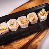 Shrimp Pop Roll · In - tempura shrimp, crab, avocado, cucumber, masago and sprouts. Out - soy paper