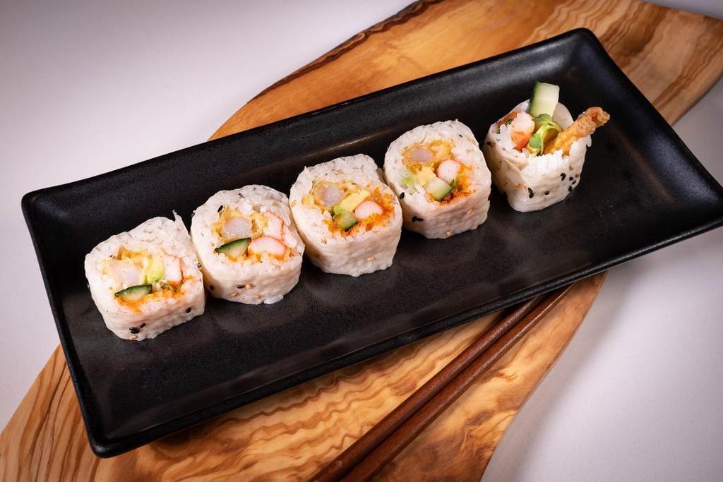 Shrimp Pop Roll · In - tempura shrimp, crab, avocado, cucumber, masago and sprouts. Out - soy paper