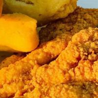 Fried Fish Plate · Crispy fried fish, with your choice of 2 sides and 2 slices of plantains