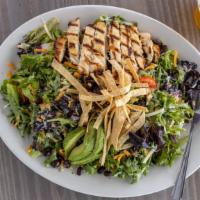 Southwest Chicken · Grilled chicken, mixed greens, cheddar jack, tomatoes, black beans, roasted corn, avocado, t...
