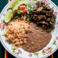 Faj Plate: Beef Fajita Plate · Beef Fajita served with Mexican Rice, Refried Beans, Salsa, Pico de Gallo, and Two Handmade ...