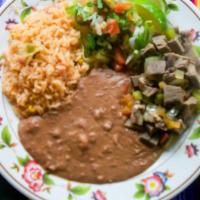 Lengua Plate (Beef Tongue) · Lengua (Beef Tongue) served with Mexican Rice, Refried Beans, Salsa, Lettuce, Tomato, Lime, ...