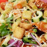 House Salad · Iceberg lettuce, spring mix, tomatoes, red onions, carrots, cucumbers, croutons and jack and...