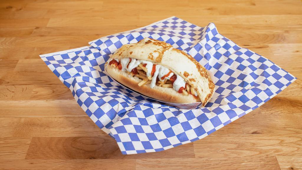 Salchiqueso Dog · Beef hot dog in a warm bun with coleslaw, potato stix, mayo, ketchup, kourmet sauce, and white grilled cheese.