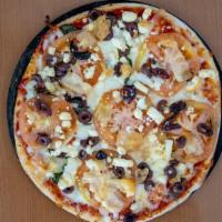 Cauliflower Greek Veggie Pizza · Vegetarian. Feta cheese, parmesan cheese, fresh tomatoes, black olives, basil, and our premi...
