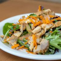 Oven-Baked Chicken Salad · Organic mixed greens, grilled, chicken strips, tomatoes, red onions, and carrots.