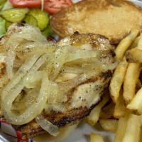 Mesquite Grilled Chicken Sandwich · 8 oz. chicken breast, grilled over mesquite and topped with grilled onions on a toasted bun.