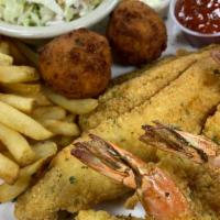 Jumbo Gulf Shrimp & Catfish Combo · 4 hand battered jumbo shrimp & a 7 oz. hand battered catfish fillet, fried to perfection. In...