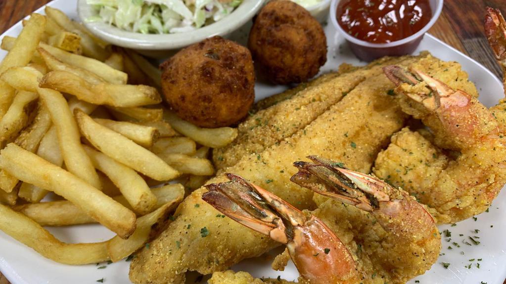 Jumbo Gulf Shrimp & Catfish Combo · 4 hand battered jumbo shrimp & a 7 oz. hand battered catfish fillet, fried to perfection. Includes home-made hushpuppies.