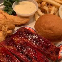 Chicken Tenders & Pork Ribs · 3 hand battered tenders and 3 slow-smoked pork ribs