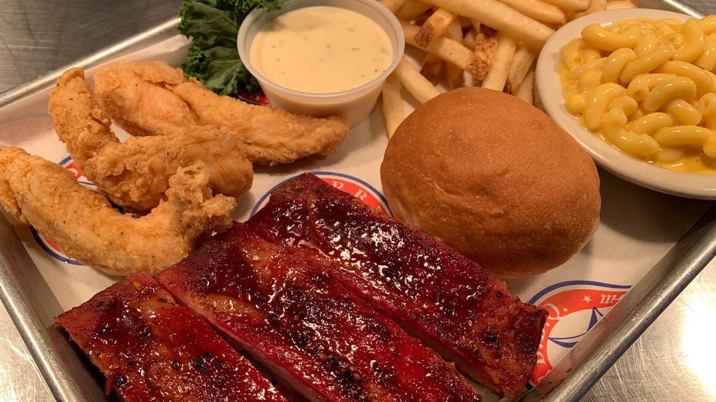 Chicken Tenders & Pork Ribs · 3 hand battered tenders and 3 slow-smoked pork ribs