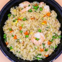 Shrimp Fried Rice · Fried rice made with carrots peas green onion eggs and shrimp.