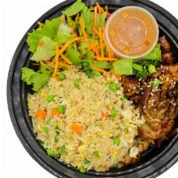 Bbq Pork With Rice · Thinly sliced barbeque served with steamed rice and side salad.