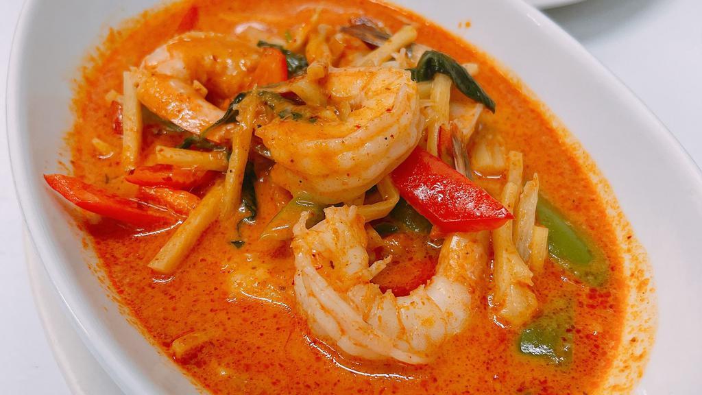 Red Curry · Bamboo shoot, bell pepper and basil in coconut milk. Choice of beef, pork, chicken, tofu, or vegetable. Shrimp, seafood or combination (chicken, beef, pork, shrimp).
